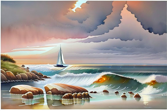 Tranquil sailboat seascape with colorful sunset sky and rocky shoreline