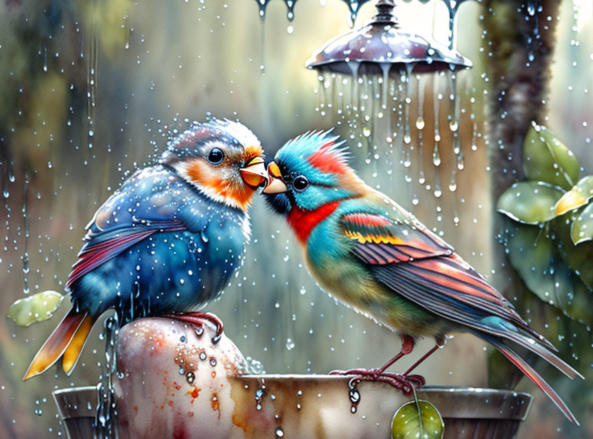 Colorful birds on rusted tap with dripping water in rainforest scene