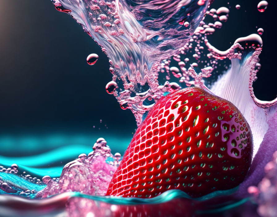 Ripe strawberry splashing in vibrant pink water