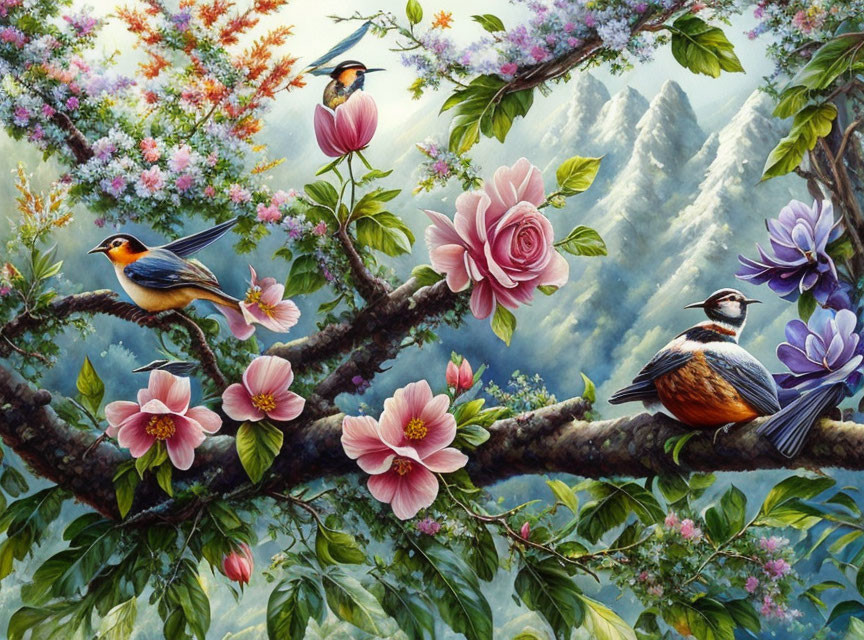 Birds perched on blossoming branches in vibrant nature scene.