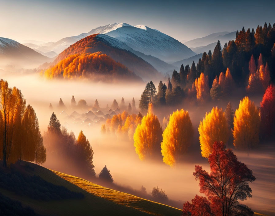 Misty Autumn Sunrise with Snow-Capped Mountain