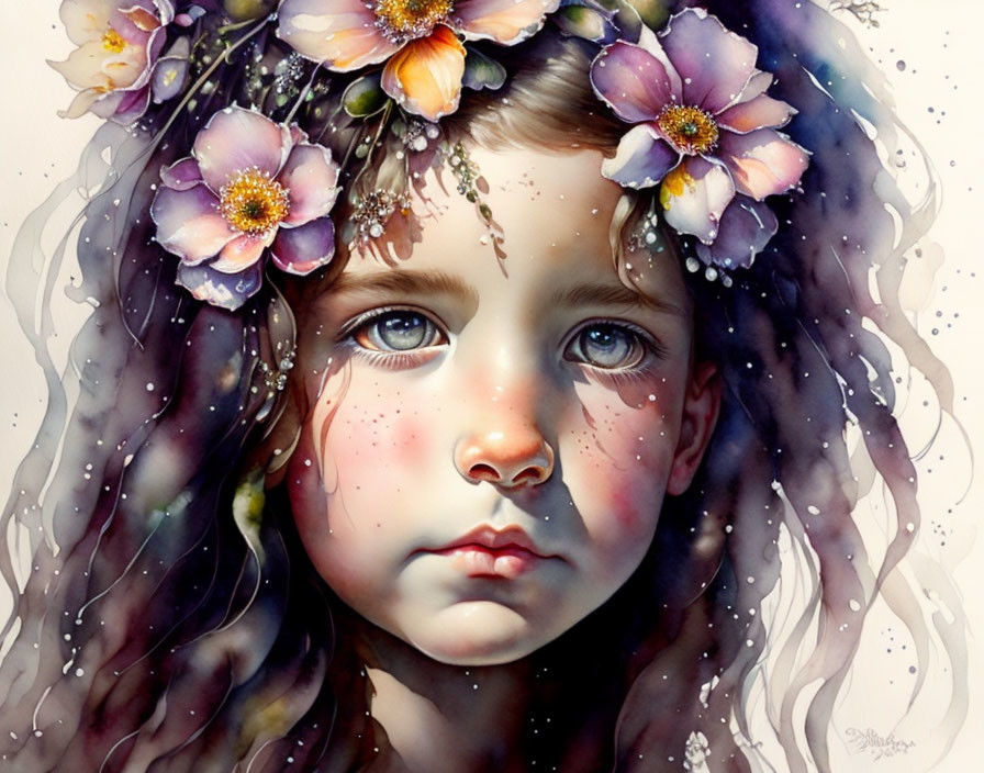 Detailed portrait of young girl with floral crown and expressive eyes, watercolor hair.