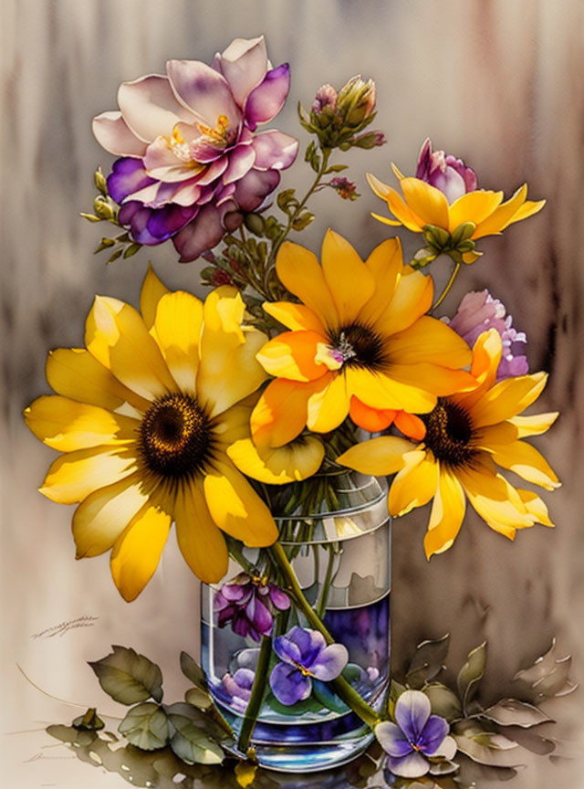 Yellow and Purple Flowers in Glass Vase on Textured Background