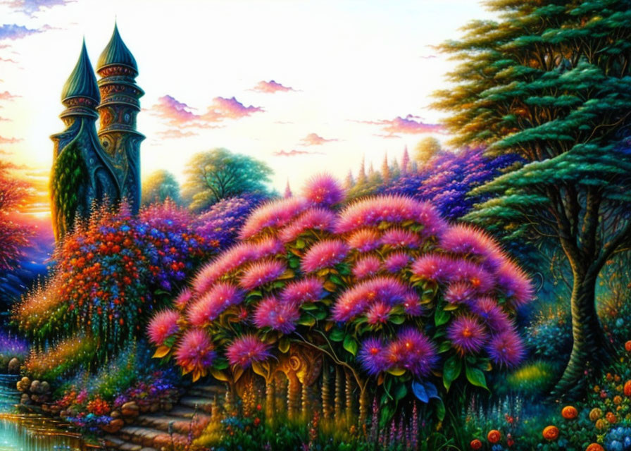 Colorful fantasy landscape with lush foliage and whimsical castle