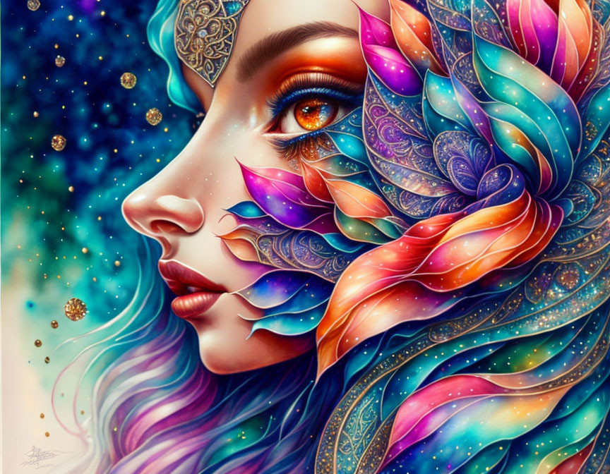 Colorful Woman Illustration with Whimsical Hair and Celestial Background