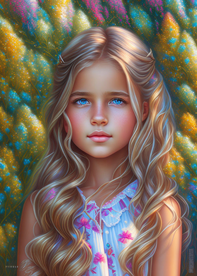 Digital artwork of young girl with long blonde hair and blue eyes against colorful floral background