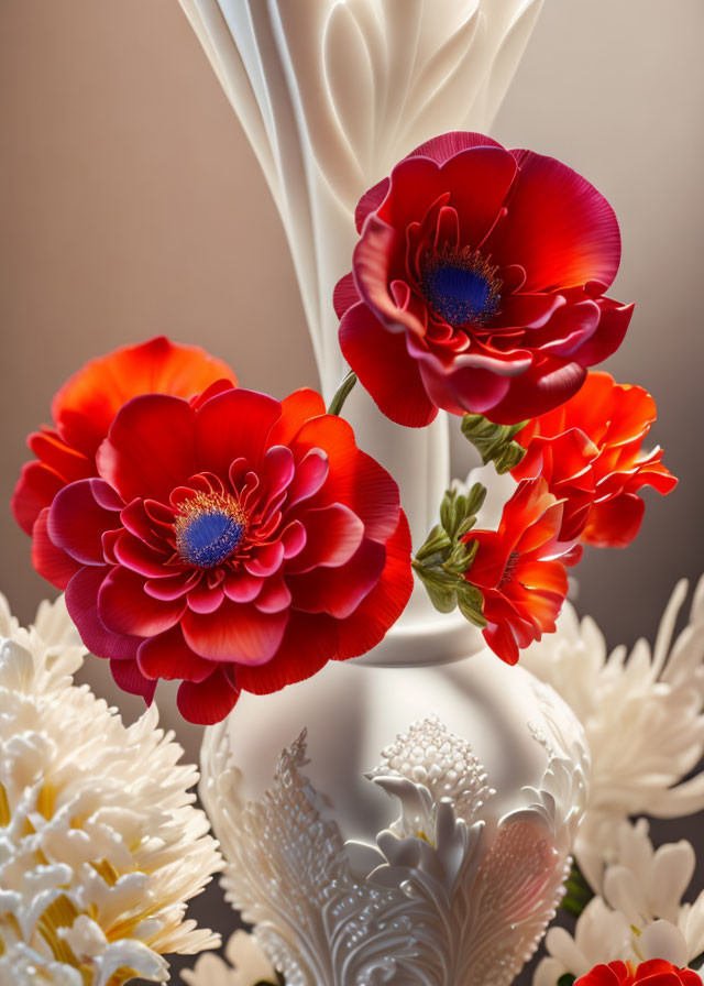 Vibrant red flowers in ornate white vase on soft-focus background