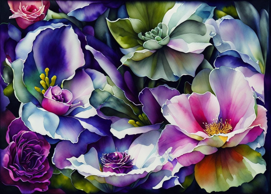 Colorful Watercolor Painting of Flowers in Purple, Pink, and Green