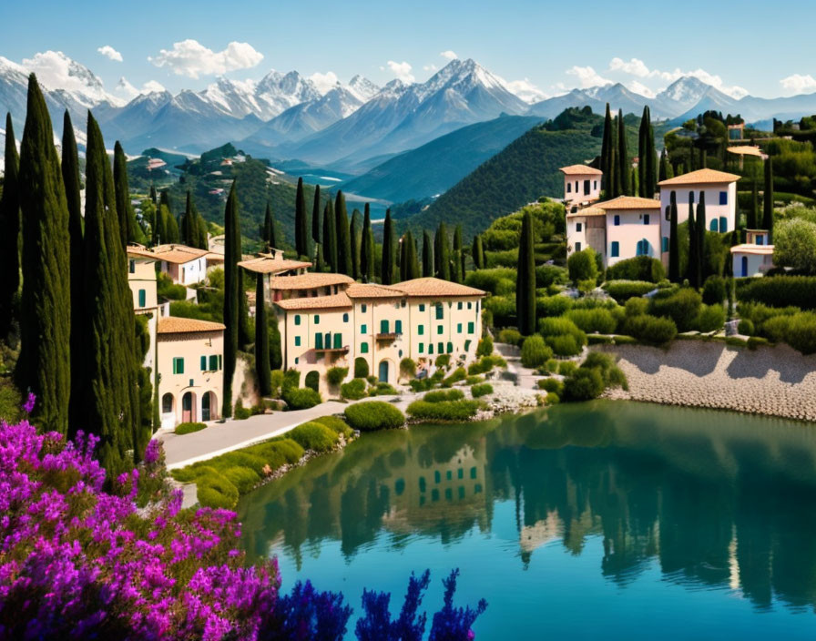 Scenic lakeside village with cypress trees and terracotta-roofed villas