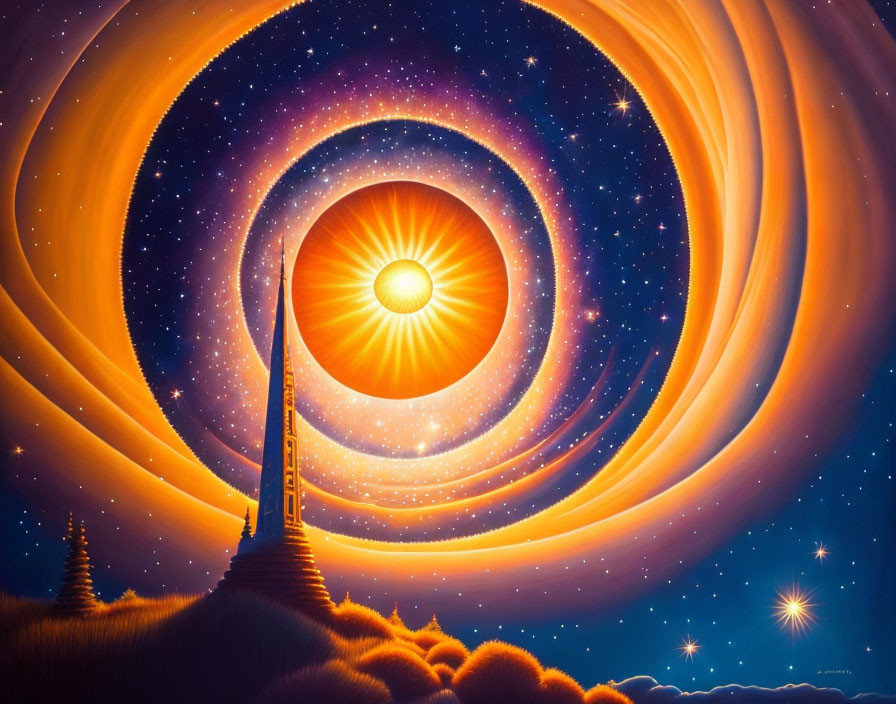 Surreal illustration: Tower reaching sun amid cosmic bands