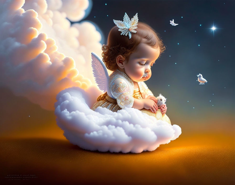 Curly-haired baby angel on cloud with flower, birds, starry sky