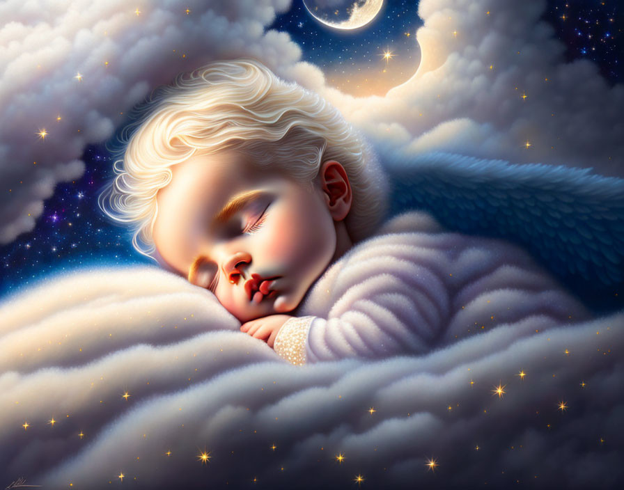 Child with wings sleeps on fluffy clouds under starry sky