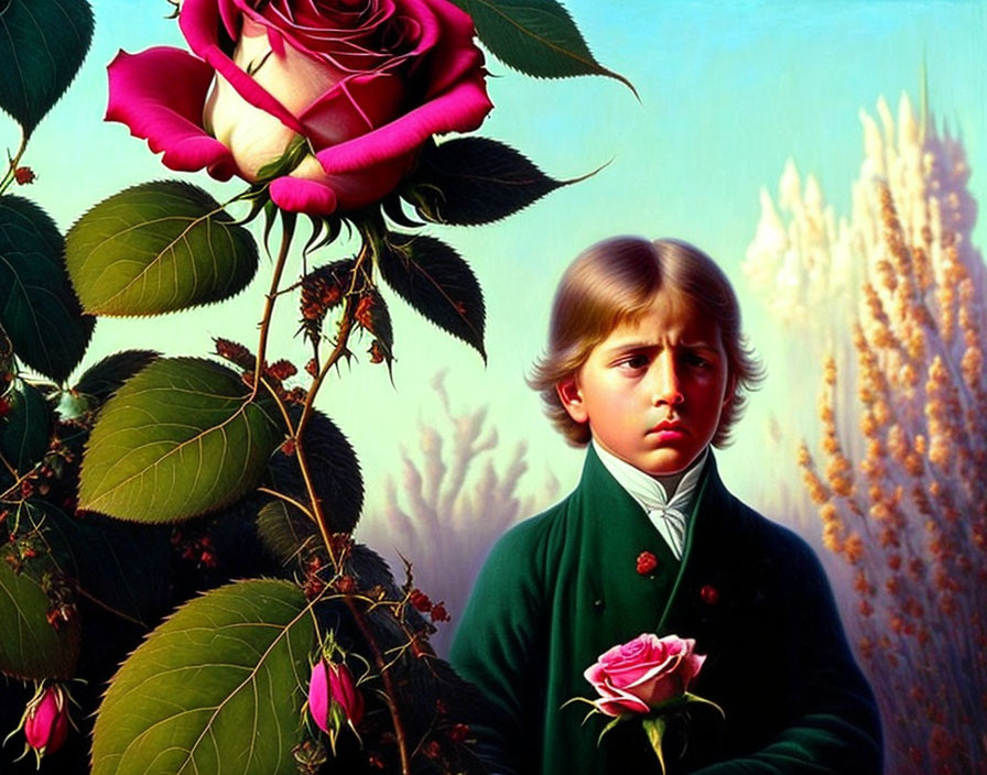 Young boy in green jacket with sad expression next to oversized pink rose under blue sky