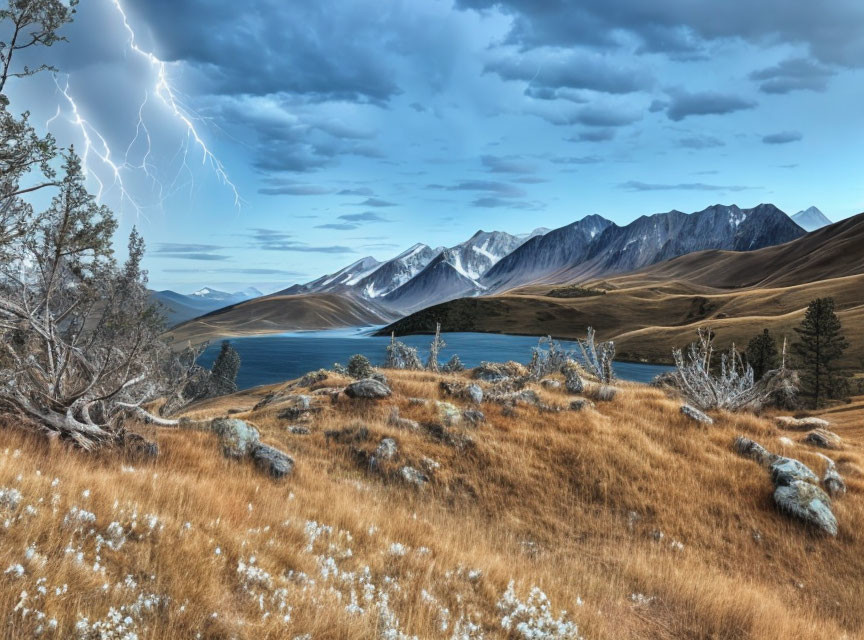 Dramatic landscape with lightning strike, tranquil lake, hills, boulders, and snow-c