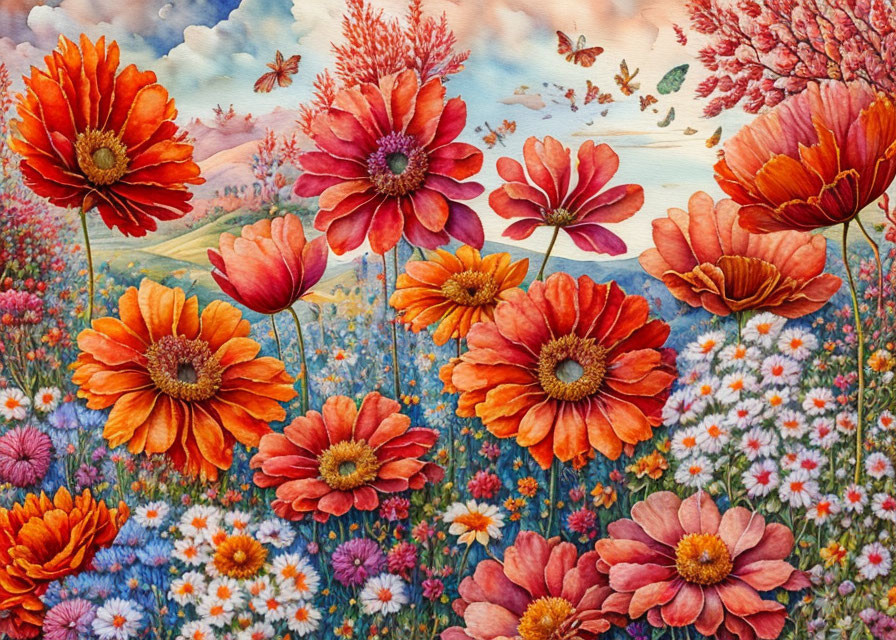 Colorful Flower Field Painting with Orange and Red Flowers and Pastel Sky