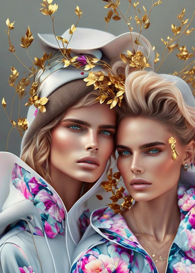 Stylized women with floral headpieces and jackets on muted background