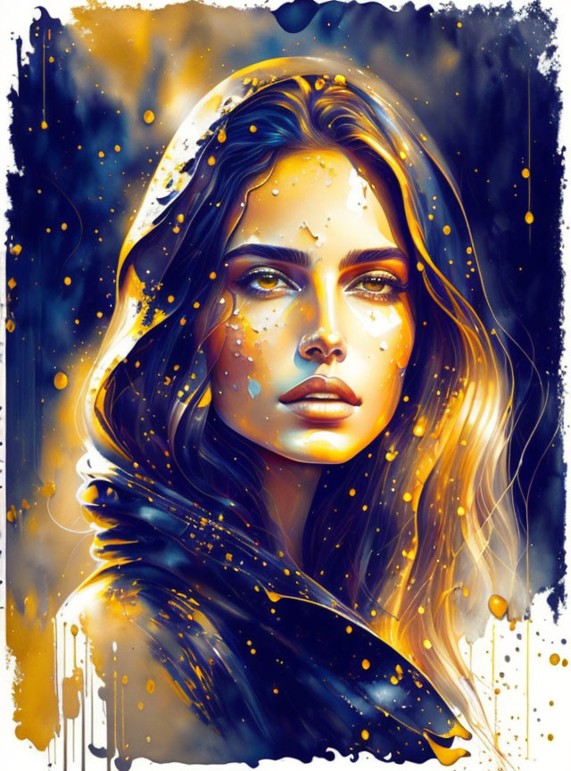 Cosmic-themed digital artwork of a woman with golden splashes