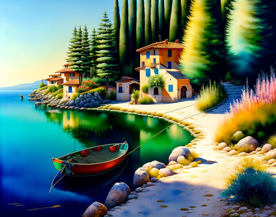 Scenic painting of lakeside houses, boat, lush trees