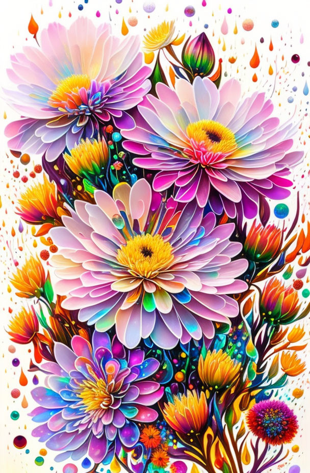 Colorful Flower Painting with Psychedelic Hues and Detailed Florals