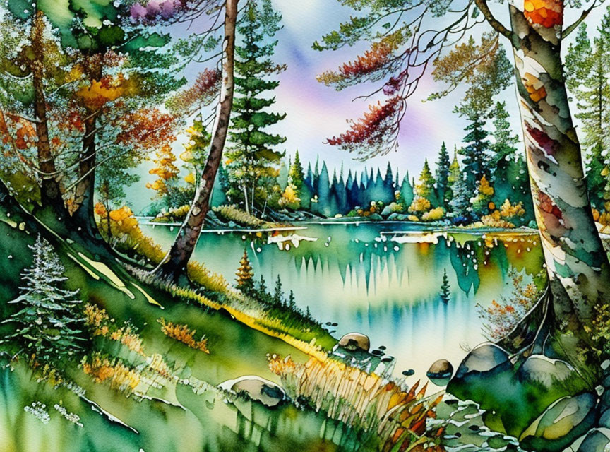 Autumnal lakeside scene with vibrant watercolor painting