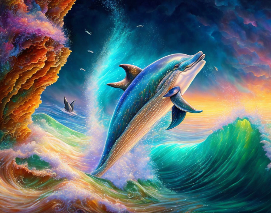 Vibrant sunset with leaping dolphins over ocean waves