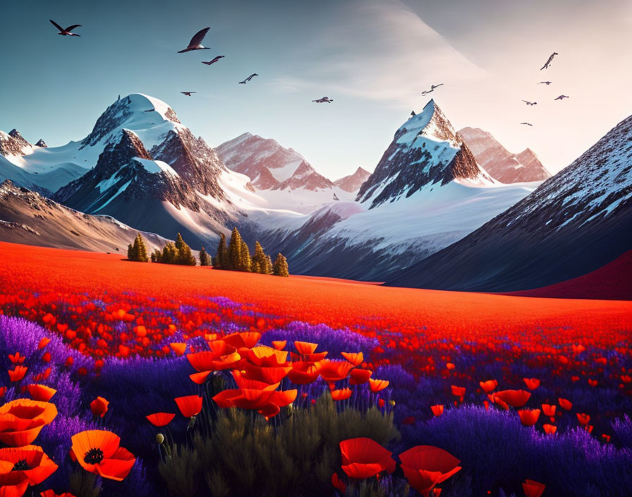 Scenic mountain range with red poppies and purple flowers