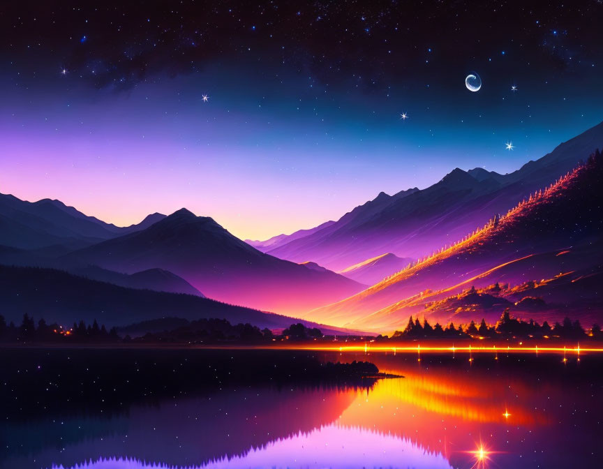 Starry night sky over purple mountains and lake