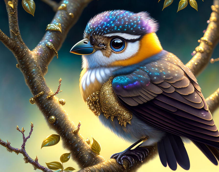 Colorful Bird Illustration Perched on Golden Leaf Branch