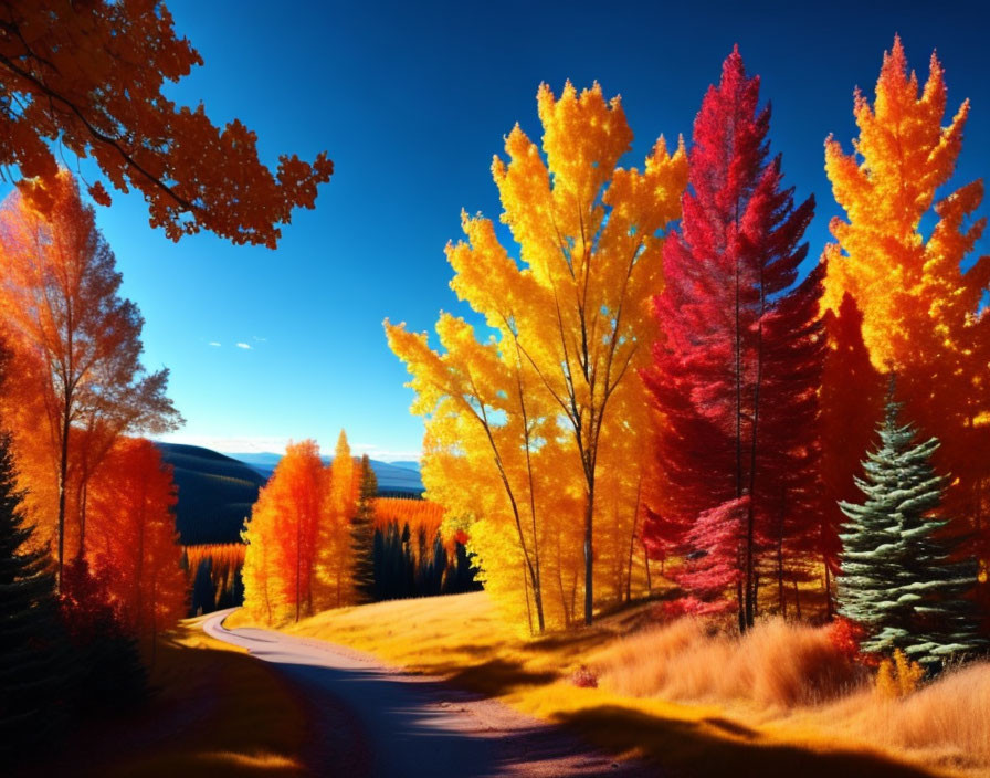 Scenic autumn road with vibrant trees under blue sky