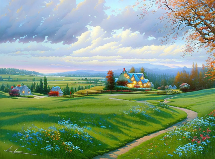 Serene landscape painting with winding path and cozy cottages