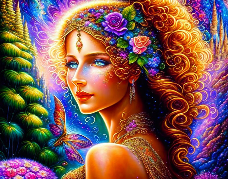 Colorful image of woman with floral hair adornments and intricate jewelry