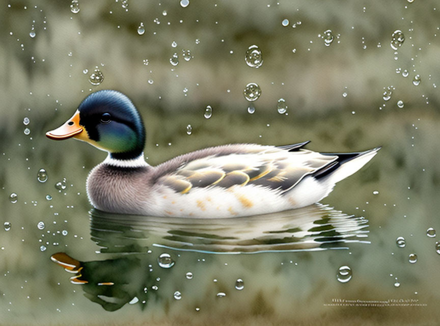 Colorful Duck Floating on Calm Water with Ripples and Reflections