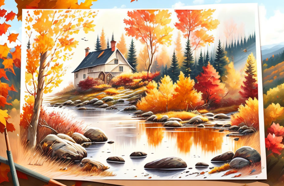 Colorful autumn landscape painting with cozy cottage, river, and trees.