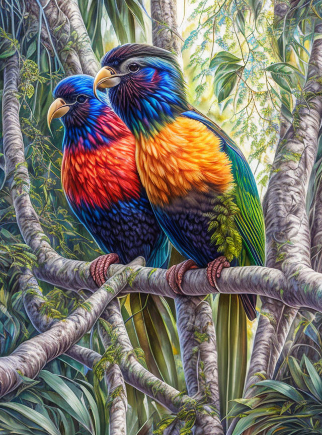 Colorful Rainbow Lorikeets on Branch with Vibrant Plumage