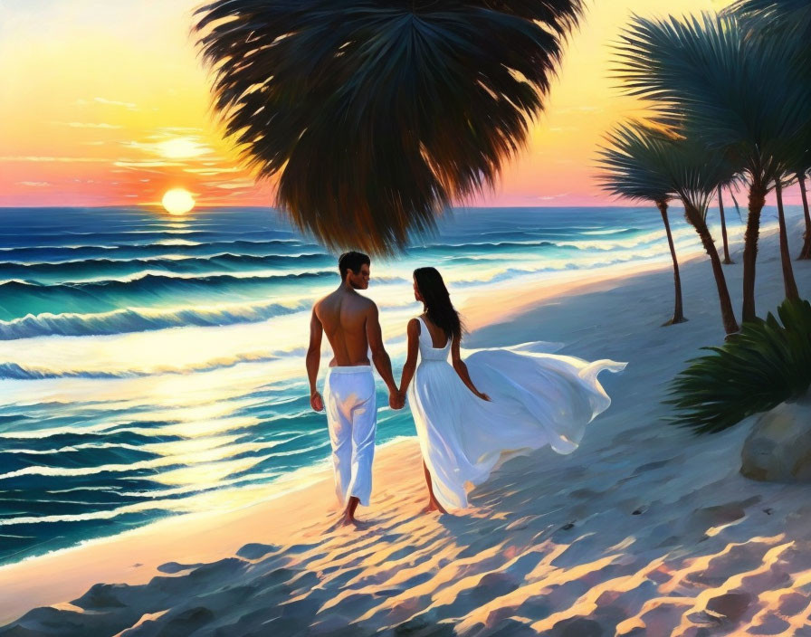 Romantic couple holding hands on beach at sunset