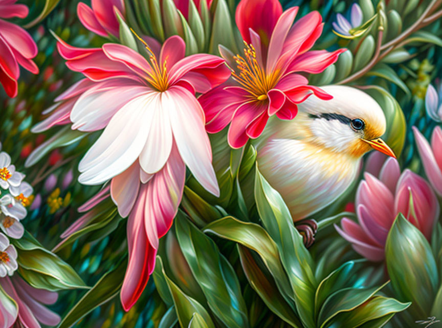 Colorful Bird Among Pink and Red Flowers with Green Leaves