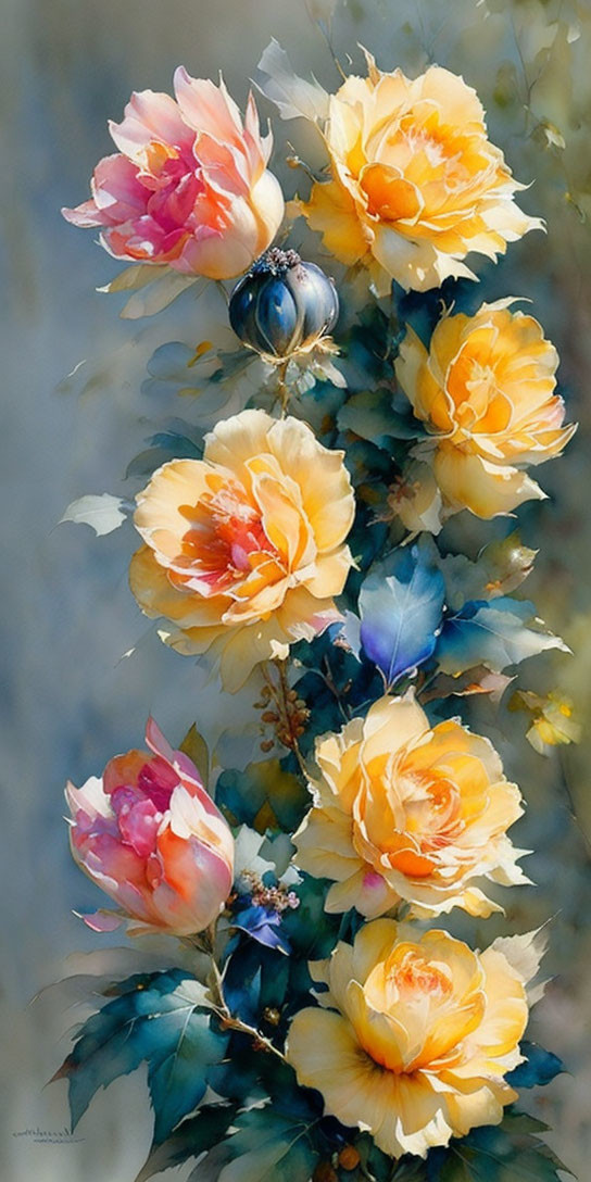 Colorful Watercolor Painting of Orange and Pink Roses with Blue Bud