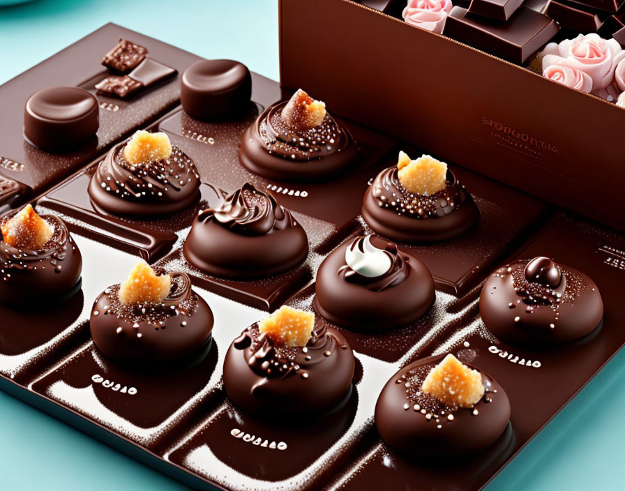 Assorted gourmet chocolates with various toppings on chocolate bar-patterned surface