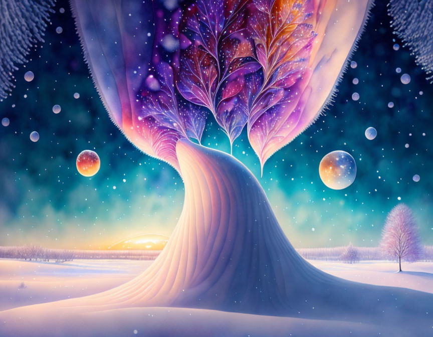 Colorful Tree in Snowy Landscape with Starry Sky and Floating Orbs