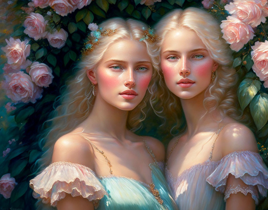 Ethereal women with pale blonde hair and rosy cheeks in a floral setting