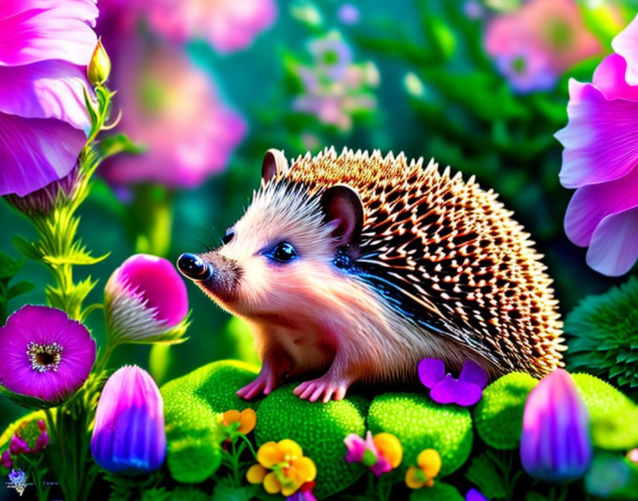 Vibrant hedgehog surrounded by colorful flowers and greenery