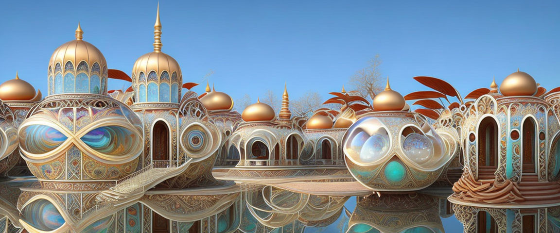 Ornate palace-like structures in fantasy landscape with domes and intricate patterns reflected in serene water under