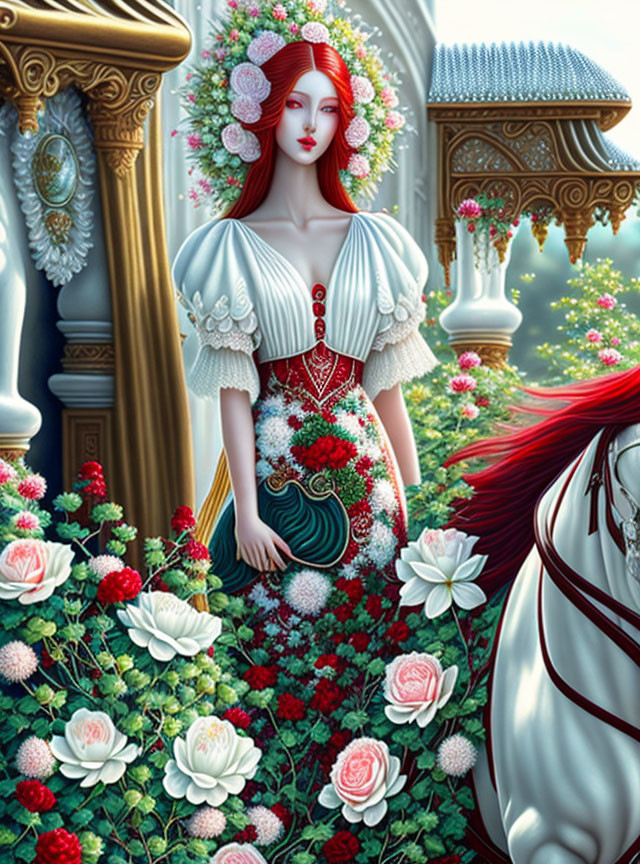 Illustrated red-haired woman with floral dress near white horse