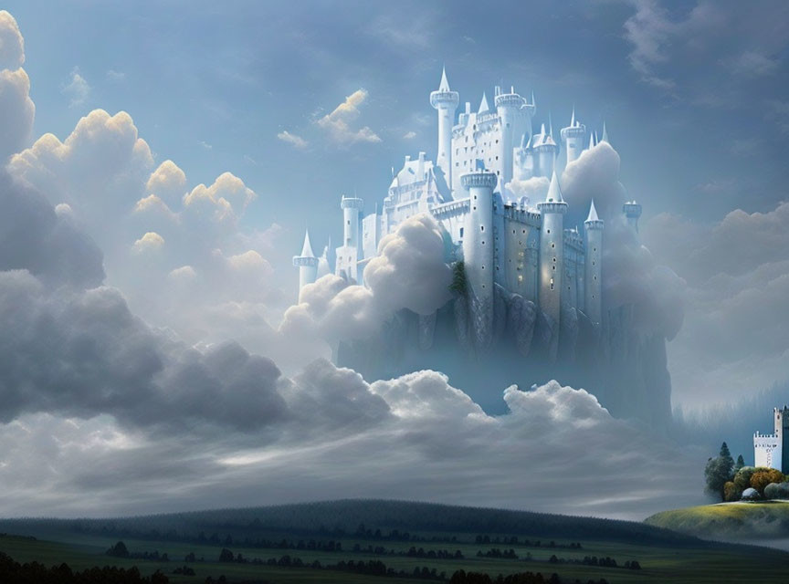 White castle with spires in clouds over green landscape