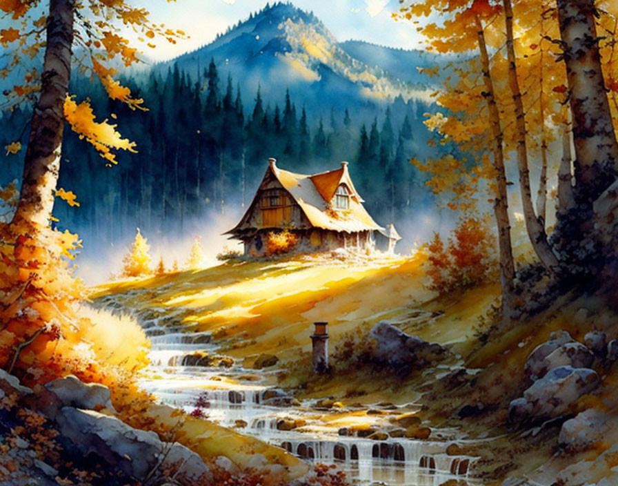 Autumn cottage by stream with golden trees and mountain backdrop