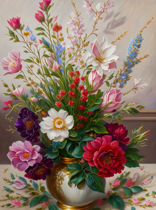 Colorful bouquet painting in golden vase with red, pink, white, and purple flowers