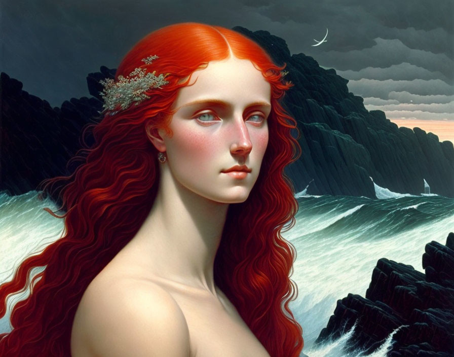 Vibrant red-haired woman in surreal seascape with crescent moon