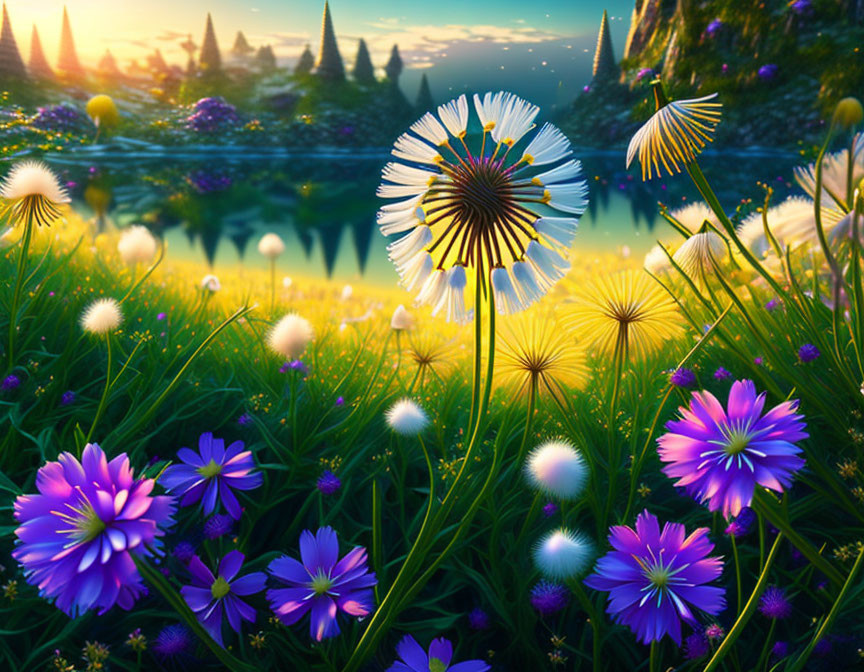 Scenic meadow with dandelions, purple flowers, lake, and mountains