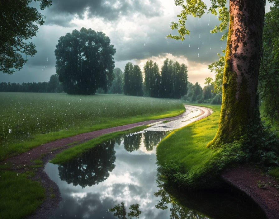 Scenic countryside road with trees, puddles, and dramatic cloudy sky