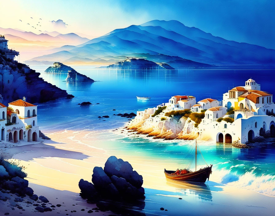 Digital artwork: Coastal village with white buildings, boat in bay, blue mountains.